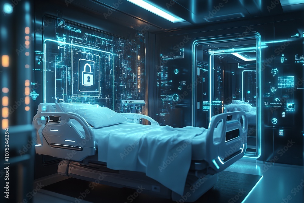 A hospital bed with a digital lock that represents a patient. Generative Ai A hospital bed with a digital lock that represents a patient. Generative Ai