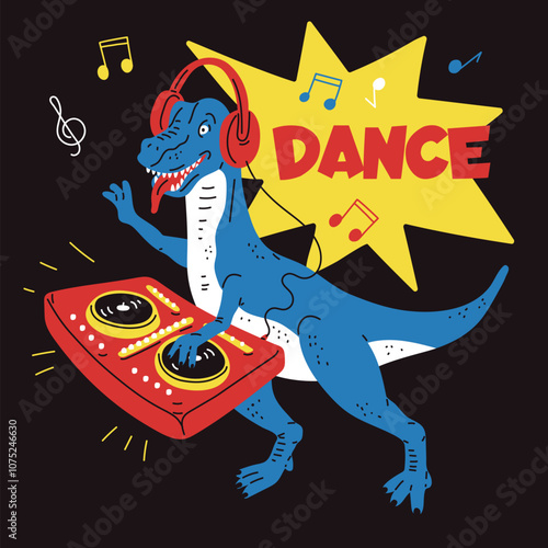 Cute dinosaur playing Dj music, funny crocodile musician with headphones and vinyl dj player, Dance color vector poster