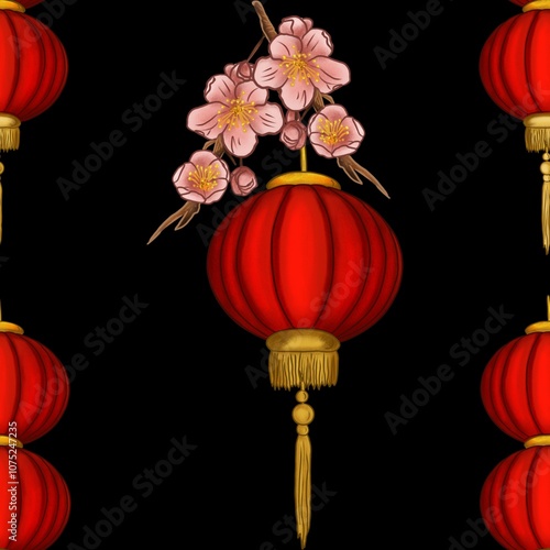 Red Round Three Lanterns with Sakura on Black Background Seamless Pattern Design
