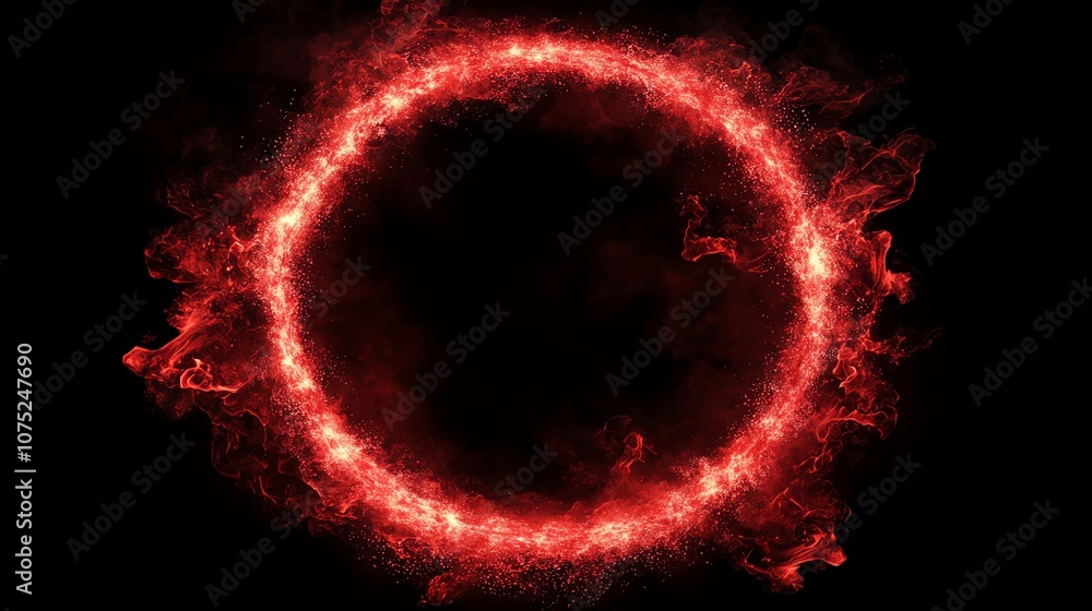 A fiery red ring of energy bursts from a dark background. A fiery red ring of energy bursts from a dark background.