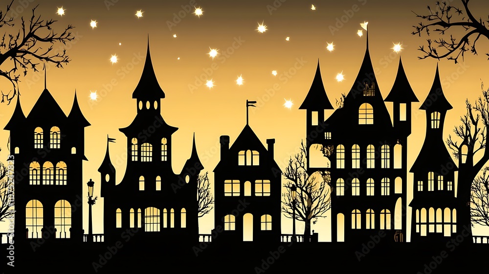 Silhouetted Gothic Houses with Starry Sky Silhouetted Gothic Houses with Starry Sky