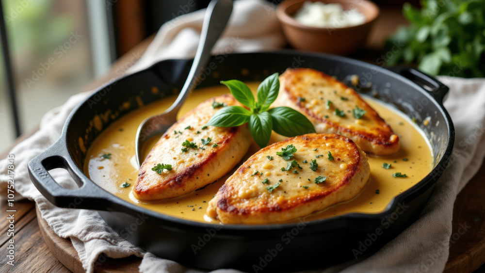 Deliciously cooked chicken breast pieces covered in a creamy cheese sauce, served on a wooden table with fresh herbs as garnish. Deliciously cooked chicken breast pieces covered in a creamy cheese sauce, served on a wooden table with fresh herbs as garnish.