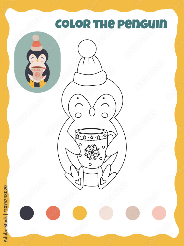 coloring page with a little penguin with a hat and a cup with a hot drink coloring page with a little penguin with a hat and a cup with a hot drink