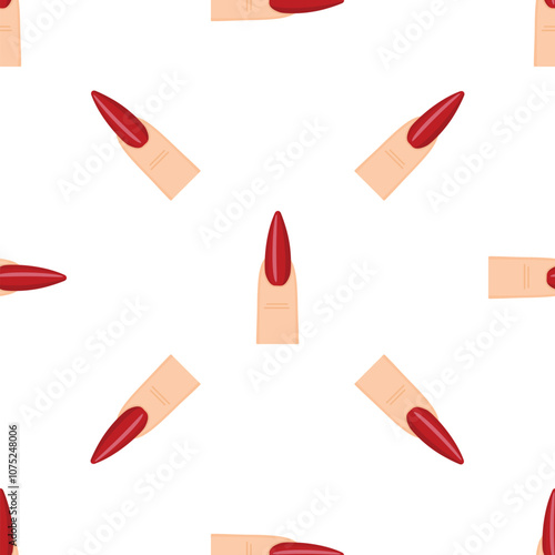 Seamless pattern of red nail polish on long fingernails, perfect for beauty and fashion projects