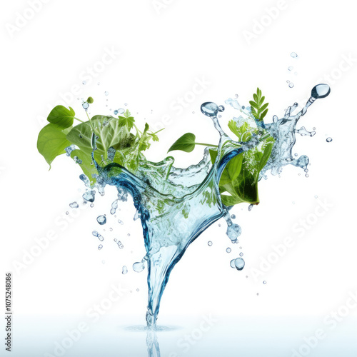 A splash of water with green leaves, isolated on a white background.