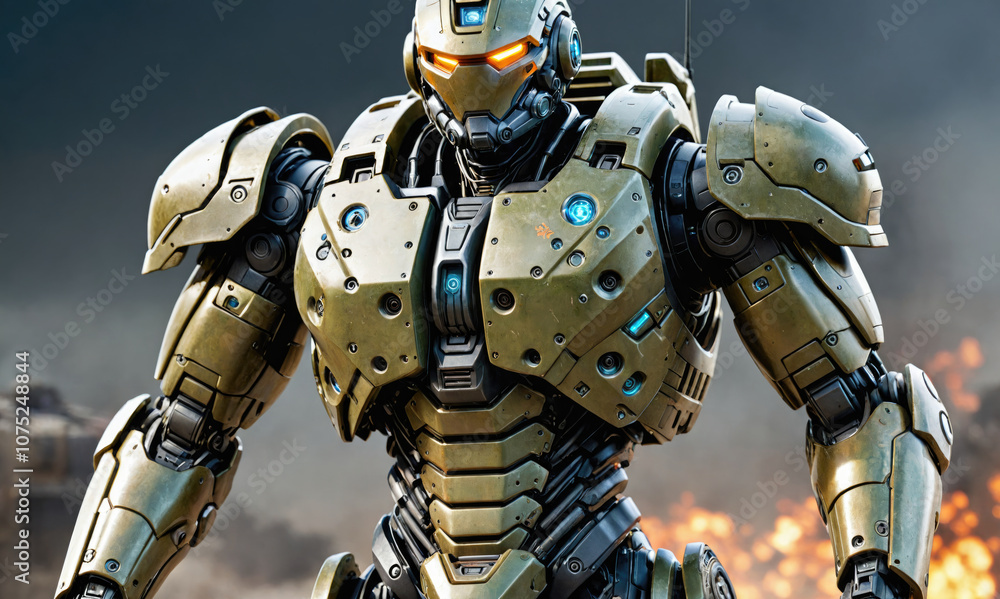 A gold-plated robot stands tall, its imposing figure illuminated against a backdrop of fiery explosions A gold-plated robot stands tall, its imposing figure illuminated against a backdrop of fiery explosions