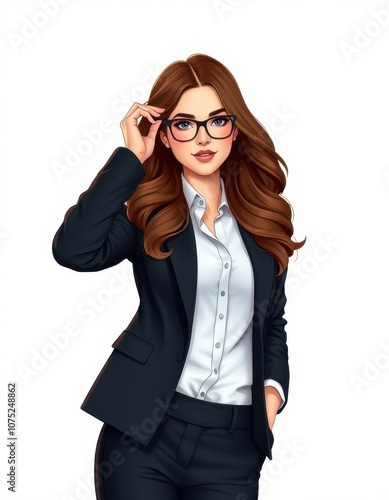 A woman with long brown hair, wearing glasses and a business suit, stands confidently against a white background