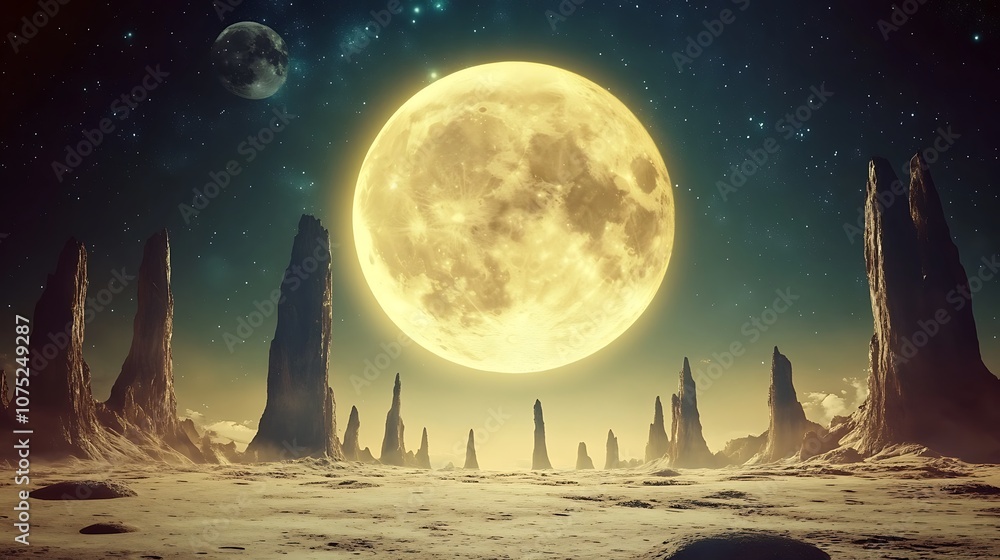 A Large Yellow Moon Illuminates a Desert Landscape with Tall Rock Formations A Large Yellow Moon Illuminates a Desert Landscape with Tall Rock Formations