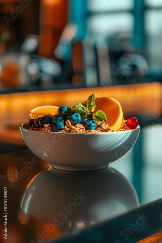 Appetizing fruit and berry salad with herbs close-up photo