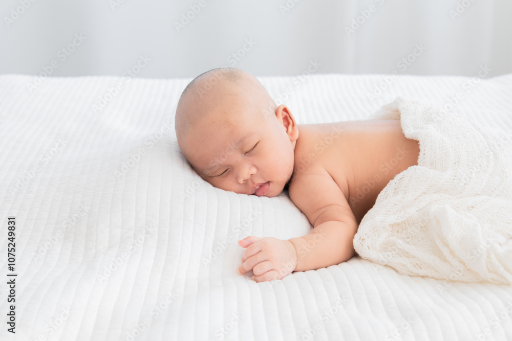 Adorable sleeping baby comfortable on bed in mother arm nursing, young Asian beautiful mom lying down hug infant 0-1 month with love, gently, tenderly, cuddle, bonding, caring motherhood nurturing Adorable sleeping baby comfortable on bed in mother arm nursing, young Asian beautiful mom lying down hug infant 0-1 month with love, gently, tenderly, cuddle, bonding, caring motherhood nurturing