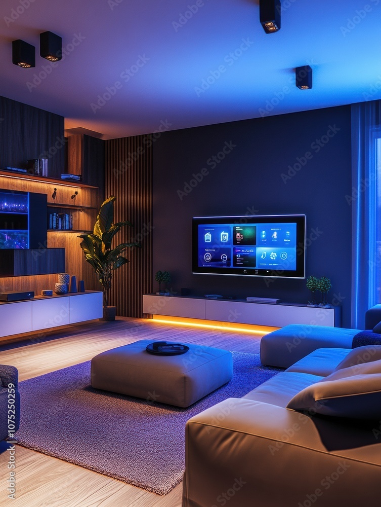 The living room features sleek furniture, vibrant ambient lighting, and touch panels for controlling various atmospheric settings. Generative AI The living room features sleek furniture, vibrant ambient lighting, and touch panels for controlling various atmospheric settings. Generative AI