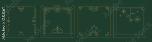 Elegant vintage set of New year, Christmas gold art deco frames. Geometric linear design with Christmas tree, baubles, snowflakes linear ornament, border. Vector illustration.