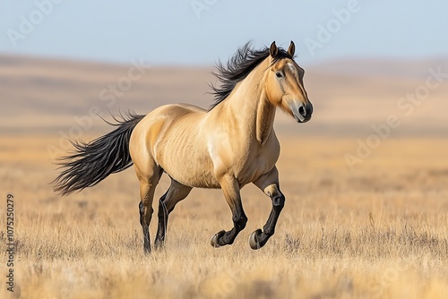 A golden palomino horse runs through a grassy field with its mane and tail flowing in the wind.