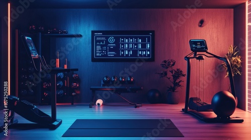 Modern Home Gym Setup with Fitness Equipment and Stylish Lighting, Perfect for Workout Enthusiasts and Personal Training Sessions in a Cozy Environment