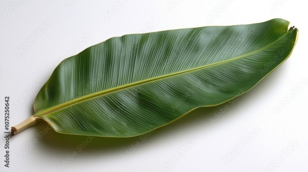 Fototapeta premium A large, green leaf displayed on a light background, showcasing its texture and shape.