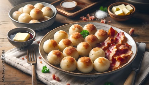 Traditional Norwegian Raspeballer with Savory Meat in Rustic Kitchen Setting photo