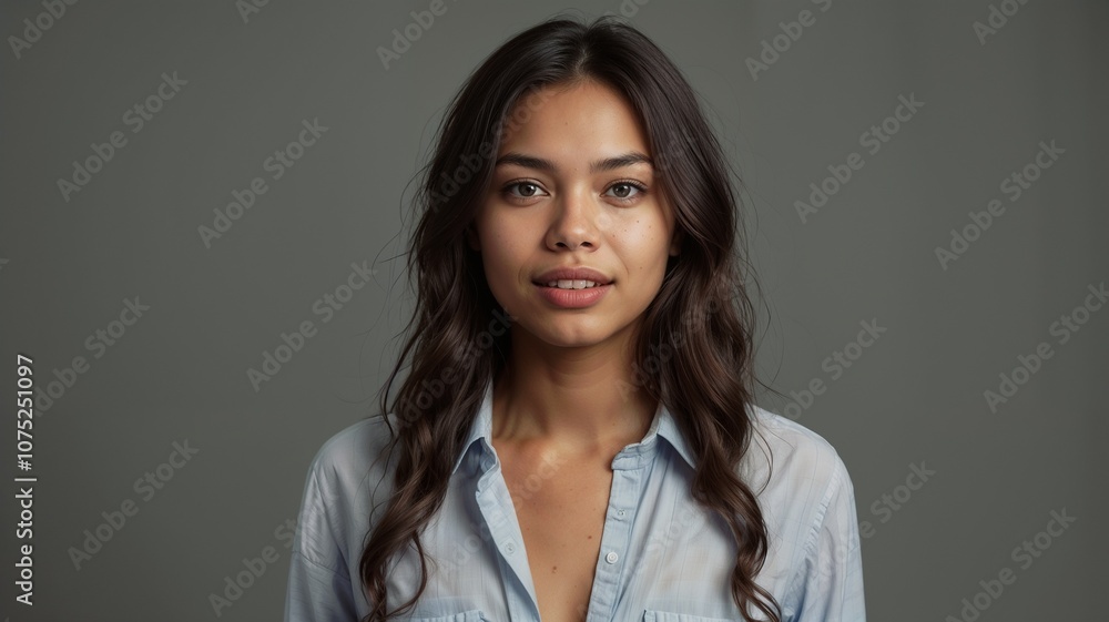 smiling woman with long, wavy brown hair is shown against a plain background. The hair is styled in loose waves, adding volume and texture. fashion, hair styling, personal care smiling woman with long, wavy brown hair is shown against a plain background. The hair is styled in loose waves, adding volume and texture. fashion, hair styling, personal care
