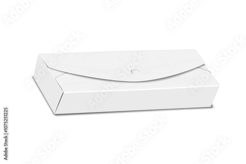 Paperboard envelope box with locking lid. 3d mockup. Blank white folding rectangle paper container. Realistic vector mock-up. Favor gift carton packaging. Template for design