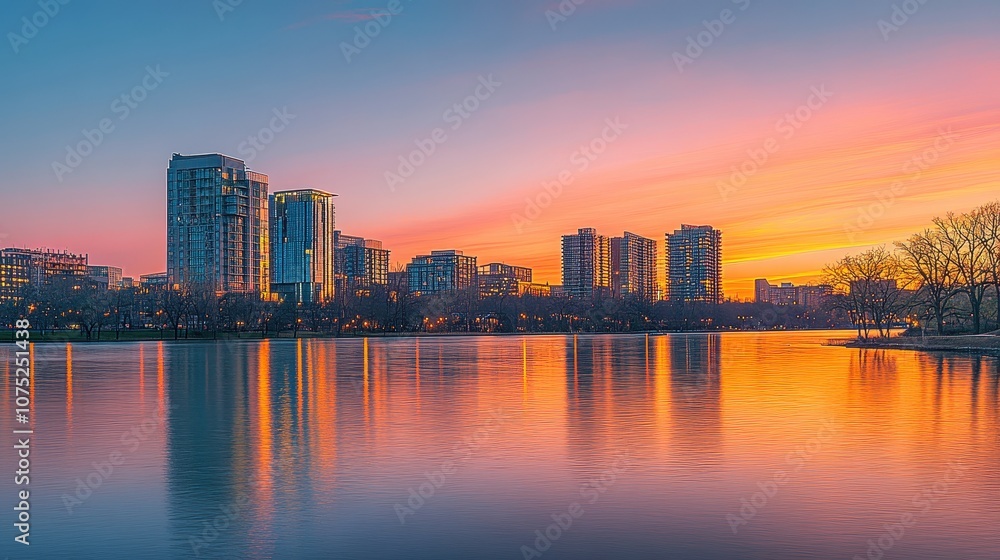 Fototapeta premium A panoramic view of a city skyline during golden hour, with skyscrapers reflecting the warm light, showcasing the beauty of urban living.