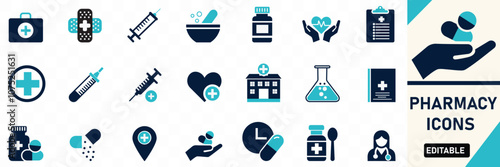 Pharmacy icon set. Medicine, bandage, medication, Solid flat vector icon collection