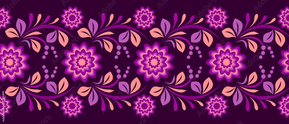 Decorative horizontal ornament with flowers, leaves in purple tones, Floral seamless border Decorative horizontal ornament with flowers, leaves in purple tones, Floral seamless border