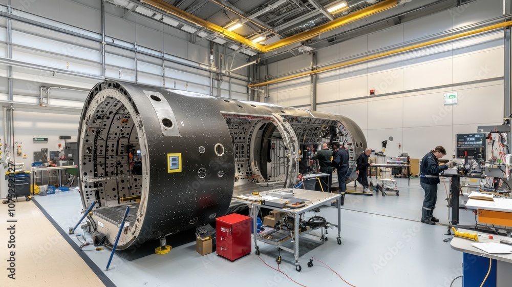 A large spacecraft component is being assembled in a high-tech workshop, with technicians working on various tasks amid sophisticated tools and equipment. A large spacecraft component is being assembled in a high-tech workshop, with technicians working on various tasks amid sophisticated tools and equipment.