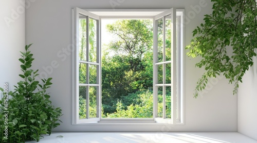 Living room ventilation window open to a garden view, greenery framed by clean, white walls.