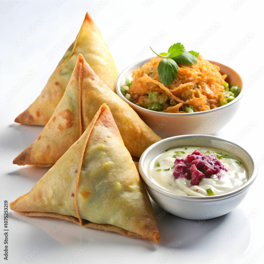 A samosa served with a side of fresh salad and raita, A samosa served with a side of fresh salad and raita,