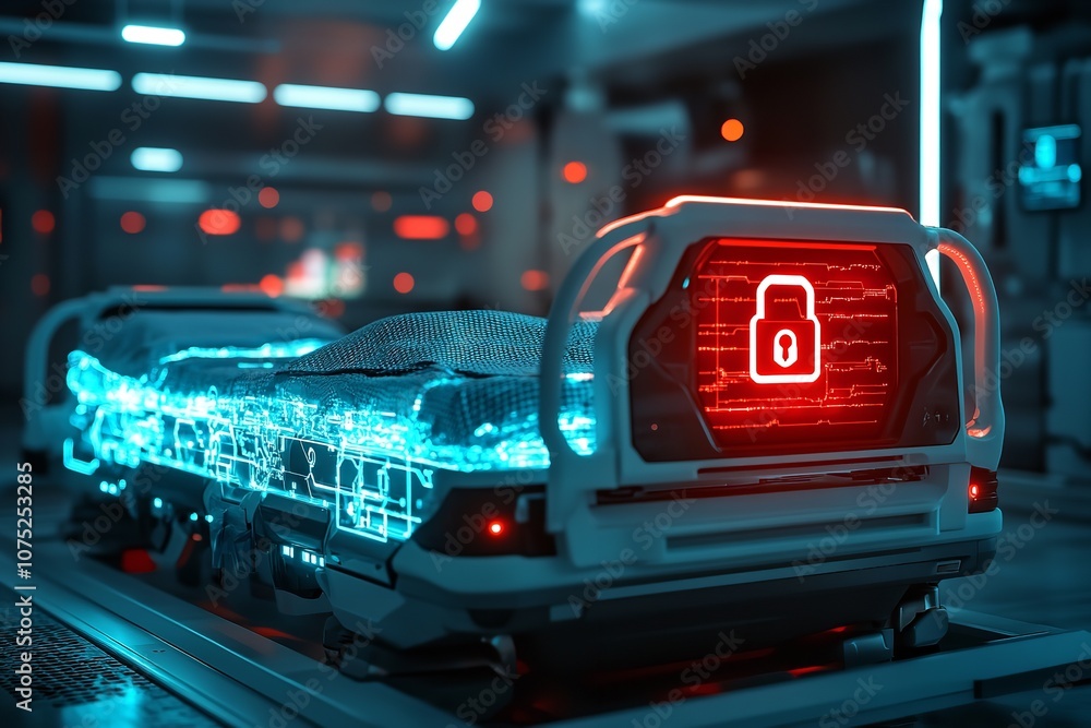 A hospital bed with a digital lock that represents cybers. Generative Ai A hospital bed with a digital lock that represents cybers. Generative Ai