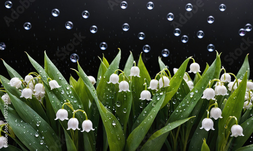 Lily of the valley flowers bloom in the rain with water droplets on the leaves
