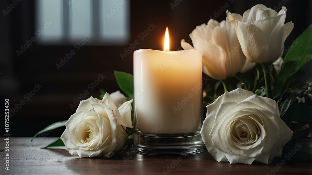 Burning candlelight and white roses. Burning candlelight and white roses.