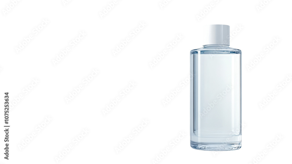 A clear bottle with a white cap sits on a white background A clear bottle with a white cap sits on a white background