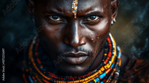 A man with a large nose and a beard is wearing a colorful necklace photo