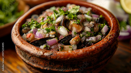 Ceviche de conchas negras, a Peruvian seafood dish made with black clams, fresh lime juice, and a mix of onions and cilantro, served in a traditional clay bowl 