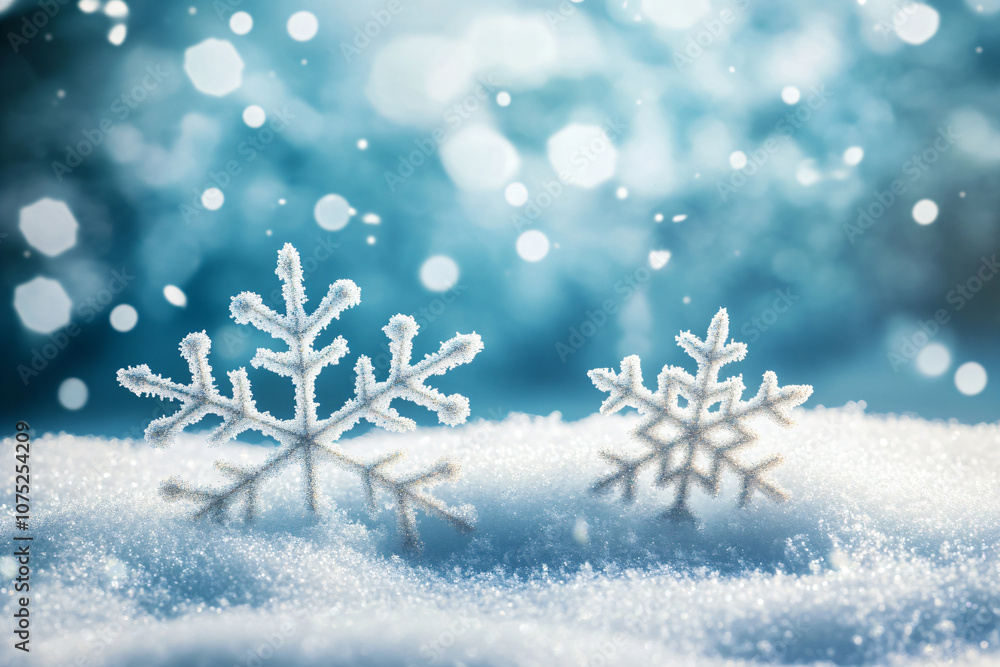 Ice snowflake close-up on snow on blue background. Winter concept template for Christmas, New Year and sale season. Postcard and flyer with space for text Ice snowflake close-up on snow on blue background. Winter concept template for Christmas, New Year and sale season. Postcard and flyer with space for text