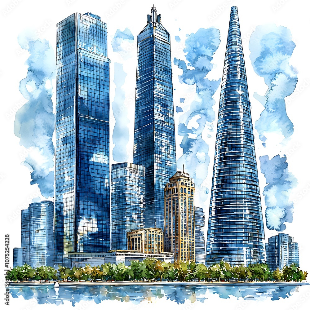Fototapeta premium Watercolor Illustration of Modern Skyscrapers in a City Skyline.