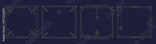 Gold line Christmas square flames in art deco style. Merry Christmas Happy New Year linear frame and geometric background with simple icons. Luxury golden linear vector illustration.