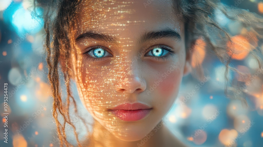 young girl with bright eyes standing on a bustling city street, surrounded by urban architecture, reflecting a sense of curiosity and wonder about technology and face recognition in society young girl with bright eyes standing on a bustling city street, surrounded by urban architecture, reflecting a sense of curiosity and wonder about technology and face recognition in society