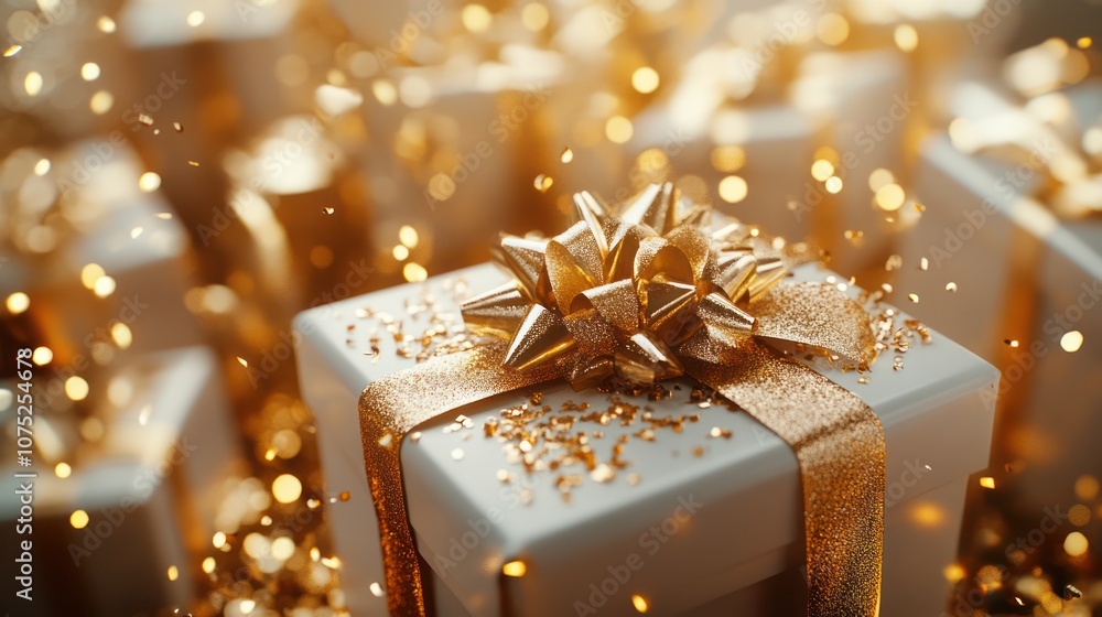 A close-up of a white gift box with a golden bow and ribbon, surrounded by other gifts and glittering lights. A close-up of a white gift box with a golden bow and ribbon, surrounded by other gifts and glittering lights.