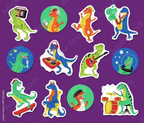 Vector sticker set with tyrannosaurs enjoying music, skateboarding, playing drums on a white background.
