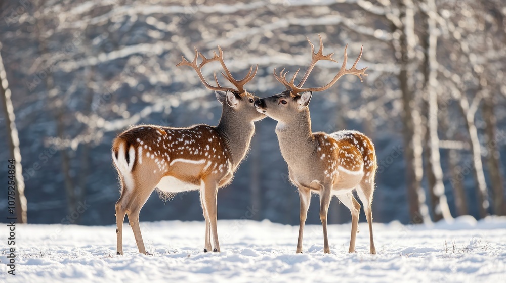 Two fallow deer with antlers in a snowy forest, one licking the other's face. Two fallow deer with antlers in a snowy forest, one licking the other's face.