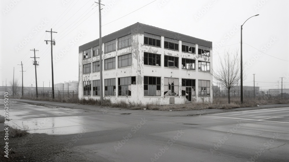 Abandoned industrial building with shattered windows on a foggy street corner, evoking a haunting sense of desolation and forgotten time. Abandoned industrial building with shattered windows on a foggy street corner, evoking a haunting sense of desolation and forgotten time.