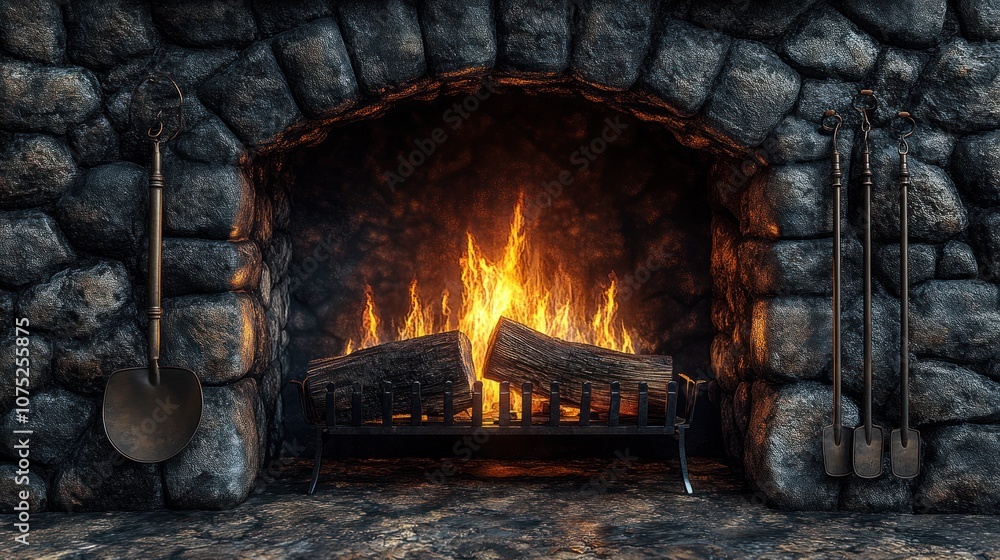 Cozy fireplace with burning logs in a stone hearth. Cozy fireplace with burning logs in a stone hearth.