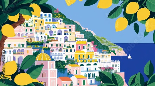 Lively illustration of Amalfi Coast village with lemons, perfect for Italian tourism promotions and travel merchandise