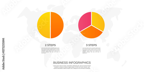 Circle division vector infographics icon set from 2 to 3. Different color circles chart divided 2, 3 equal parts. Business round diagram with same size sectors, fraction.