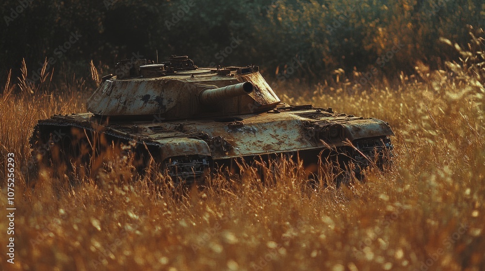 An abandoned, rusted military tank rests incongruously in a field of golden grass, where nature slowly reclaims its domain. An abandoned, rusted military tank rests incongruously in a field of golden grass, where nature slowly reclaims its domain.