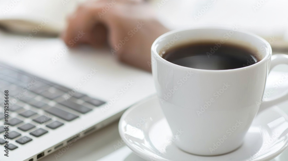 Person working on a laptop at a desk with a cup of coffee Person working on a laptop at a desk with a cup of coffee