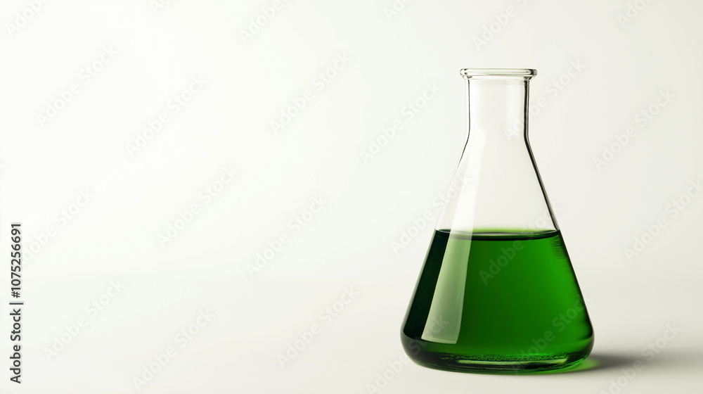 A clear glass flask filled with vibrant green liquid isolated on a white background A clear glass flask filled with vibrant green liquid isolated on a white background