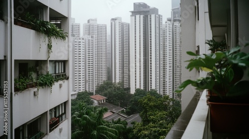 Urban high-rises loom through mist, viewed from a lushly planted balcony, highlighting the contrast between nature and city life. photo