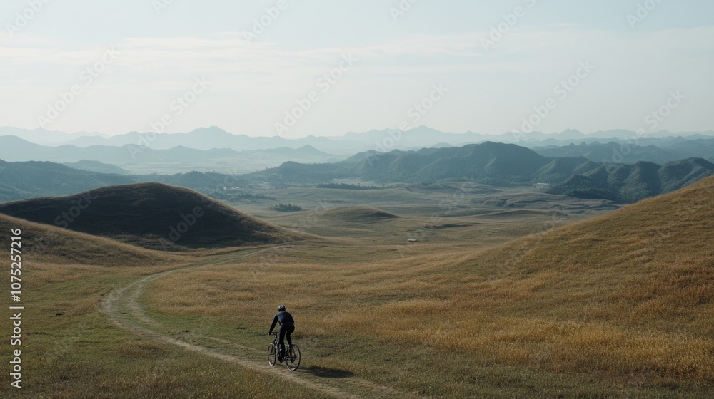 Fototapeta premium A lone cyclist ventures into a sunlit valley surrounded by endless hills, reveling in freedom and the boundless beauty of nature.